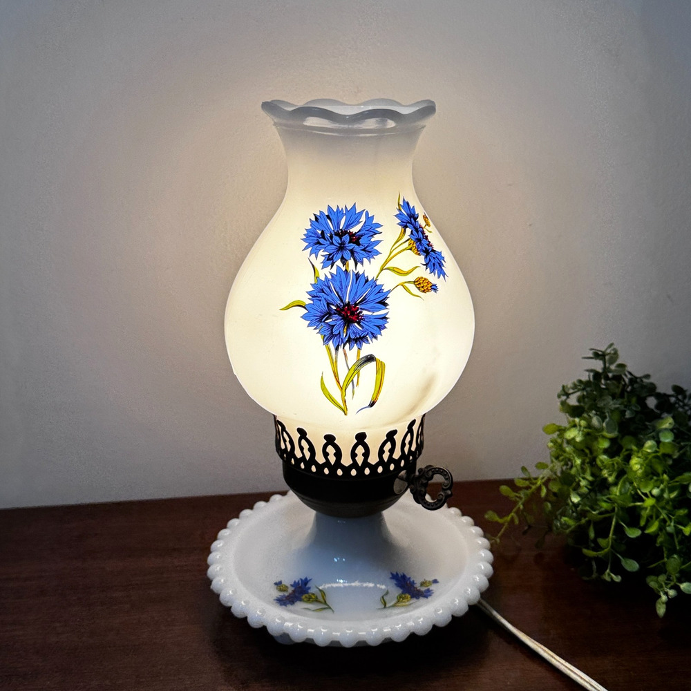 Vintage Milk Glass Electric Oil Lamp Blue Cornflower Floral 10.5" H Side Table